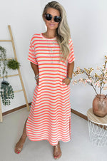 Leila Crochet Dress in Neon Coral, Orange & Off White