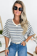 Leila Crochet Top in Blue, Navy Blue & Off White
