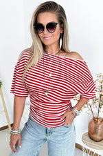 Triss Off Shoulder Tee in Red & White