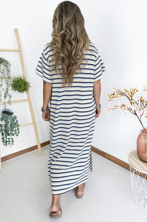 Leila Crochet Dress in Blue, Navy Blue & Off White