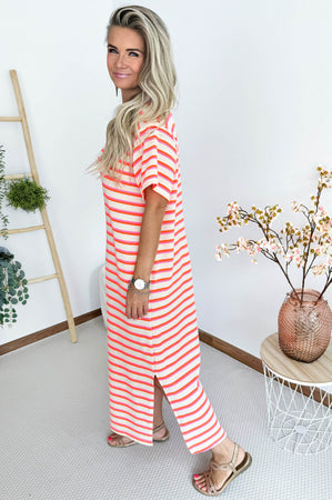 Leila Crochet Dress in Neon Coral, Orange & Off White