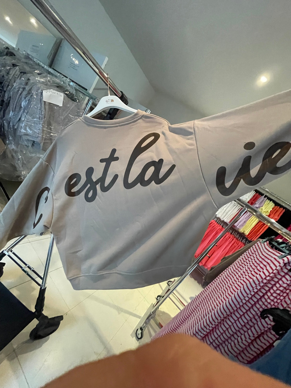 INTAKEFOTO (tijdelijk) – C'est La Vie Sweater in Beige, rugprint – vervangen door productfoto