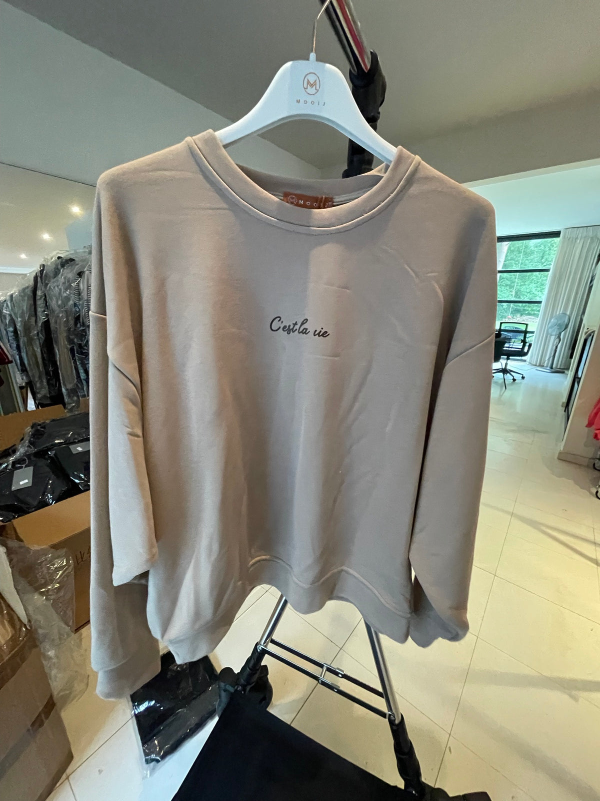 INTAKEFOTO (tijdelijk) – C'est La Vie Sweater in Beige, voorkant – vervangen door productfoto